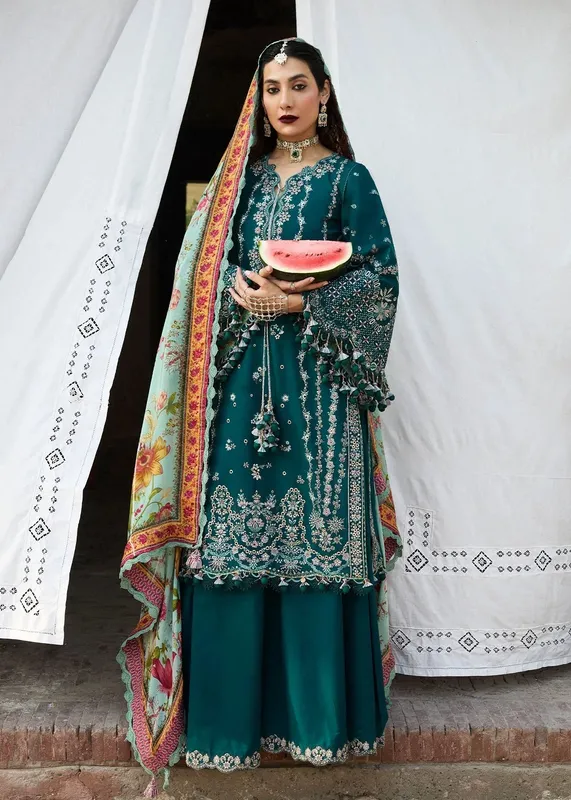 Hussain Rehar Nirmal SS 25 Teal Green Cotton – view 1 – Poshaq