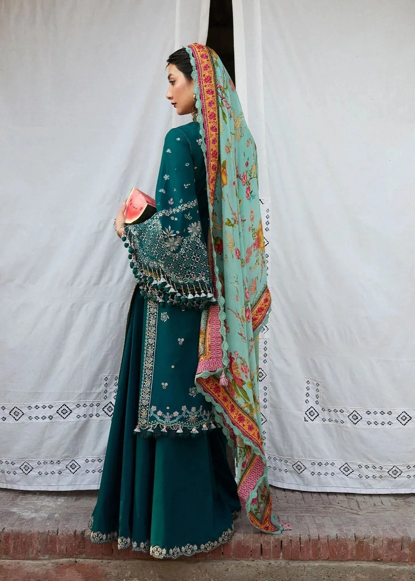 Hussain Rehar Nirmal SS 25 Teal Green Cotton – view 2 – Poshaq