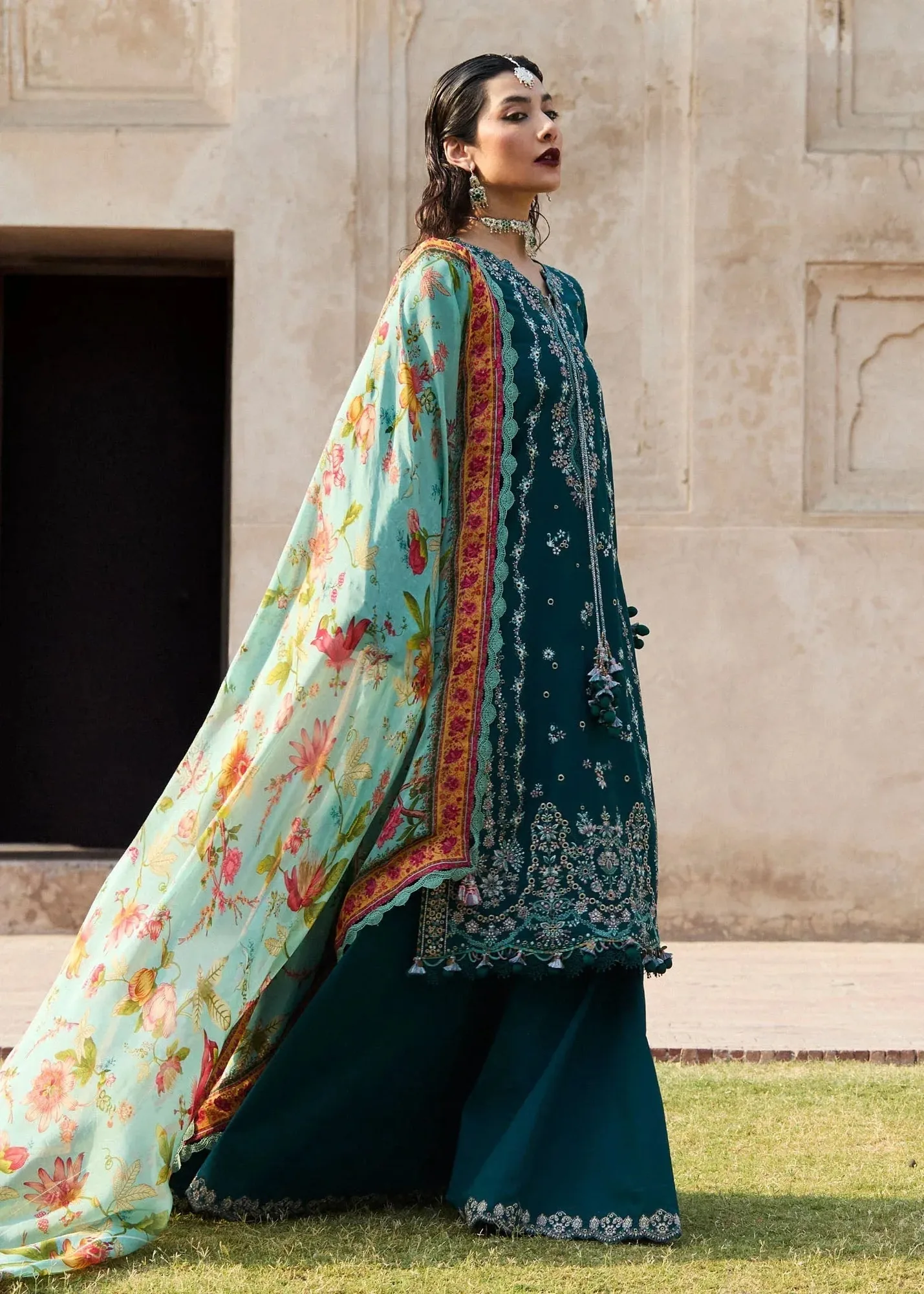 Hussain Rehar Nirmal SS 25 Teal Green Cotton – view 3 – Poshaq