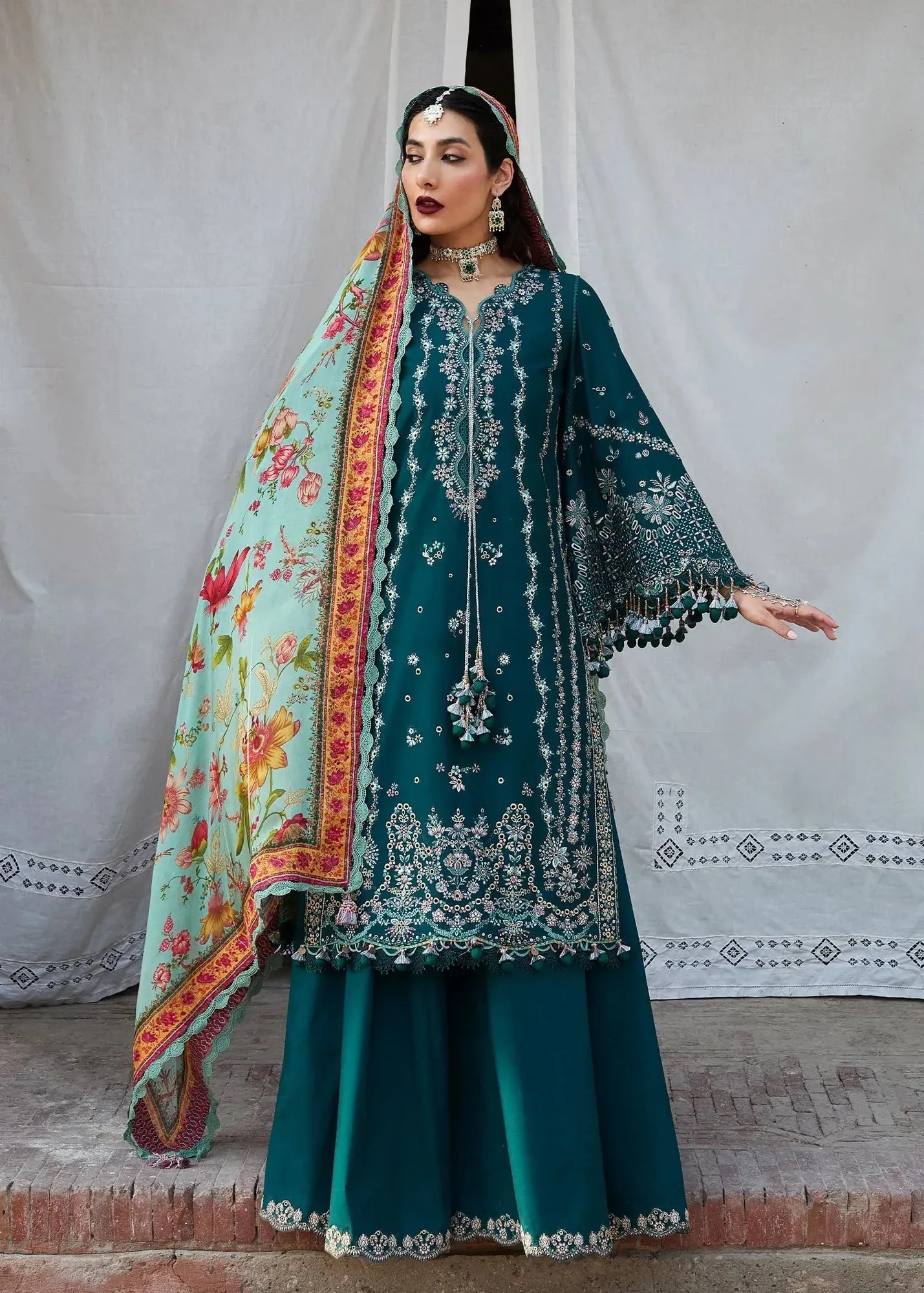 Hussain Rehar Nirmal SS 25 Teal Green Cotton – view 4 – Poshaq
