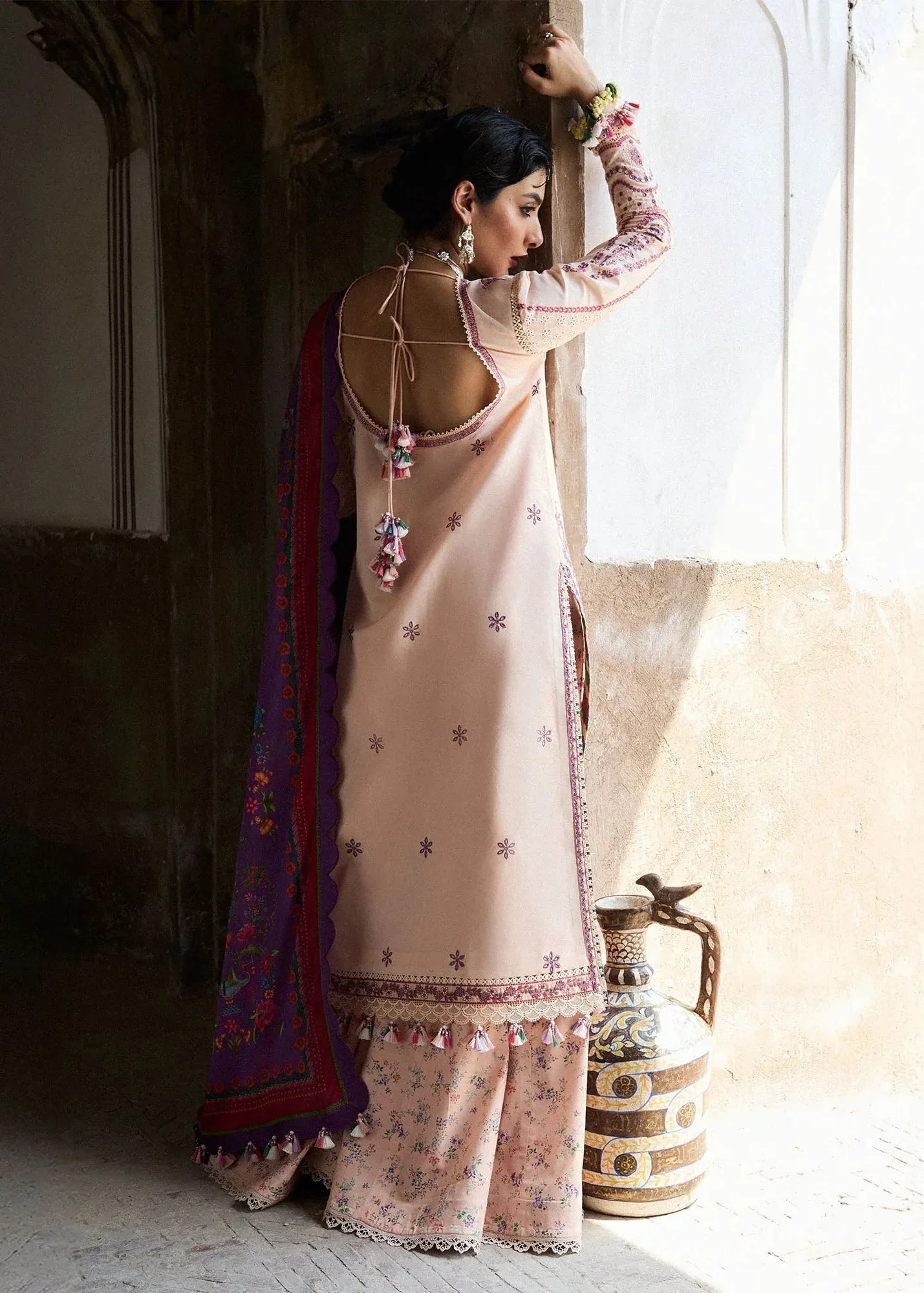 Hussain Rehar Nirmal SS 25 Light Pink Cotton – view 2 – Poshaq