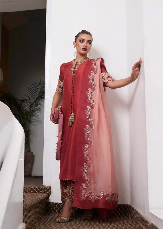 Hussain Rehar SS Luxury Pret 25 Deep Red Raw Silk – view 1 – Poshaq