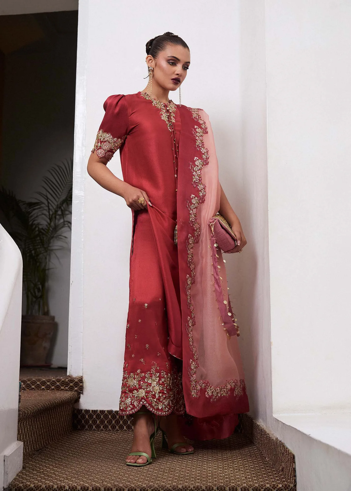 Hussain Rehar SS Luxury Pret 25 Deep Red Raw Silk – view 2 – Poshaq