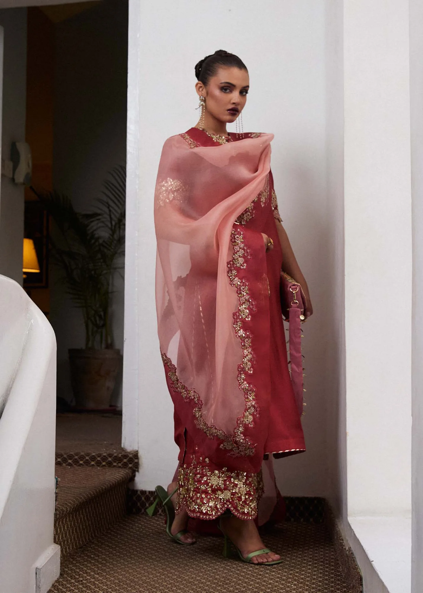 Hussain Rehar SS Luxury Pret 25 Deep Red Raw Silk – view 3 – Poshaq