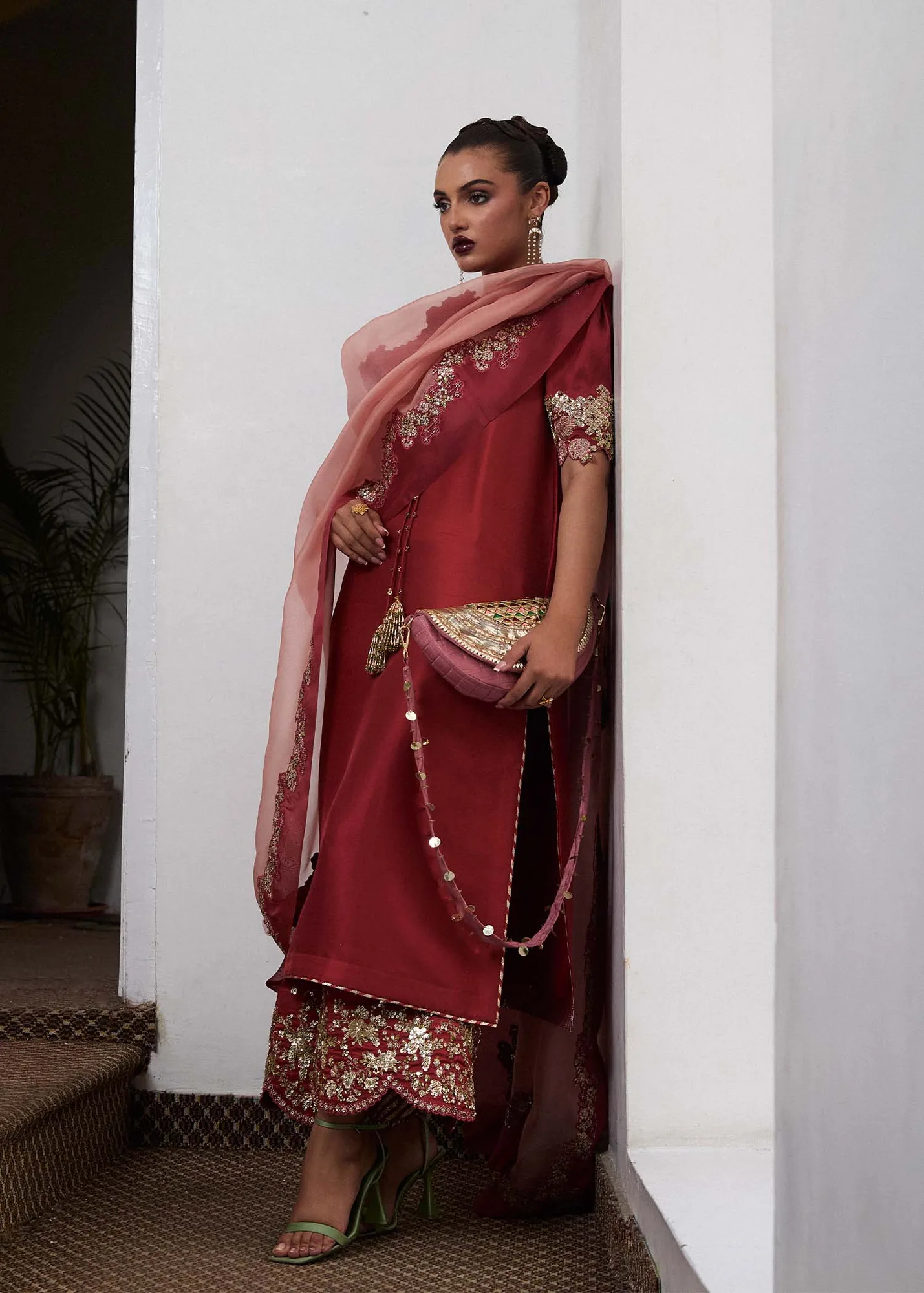 Hussain Rehar SS Luxury Pret 25 Deep Red Raw Silk – view 5 – Poshaq