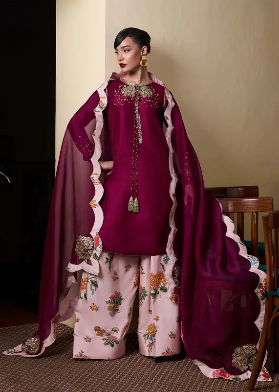 Hussain Rehar SS Luxury Pret 25 Dark Plum Raw Silk – view 1 – Poshaq