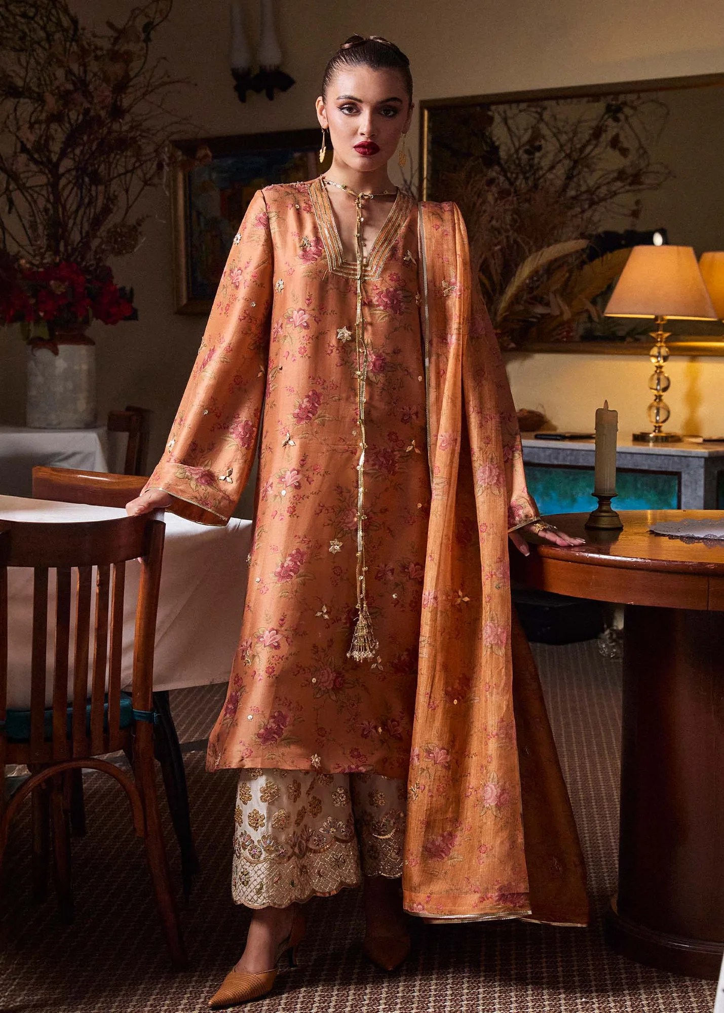 Hussain Rehar SS Luxury Pret 25 Rust Brown Raw Silk – view 1 – Poshaq