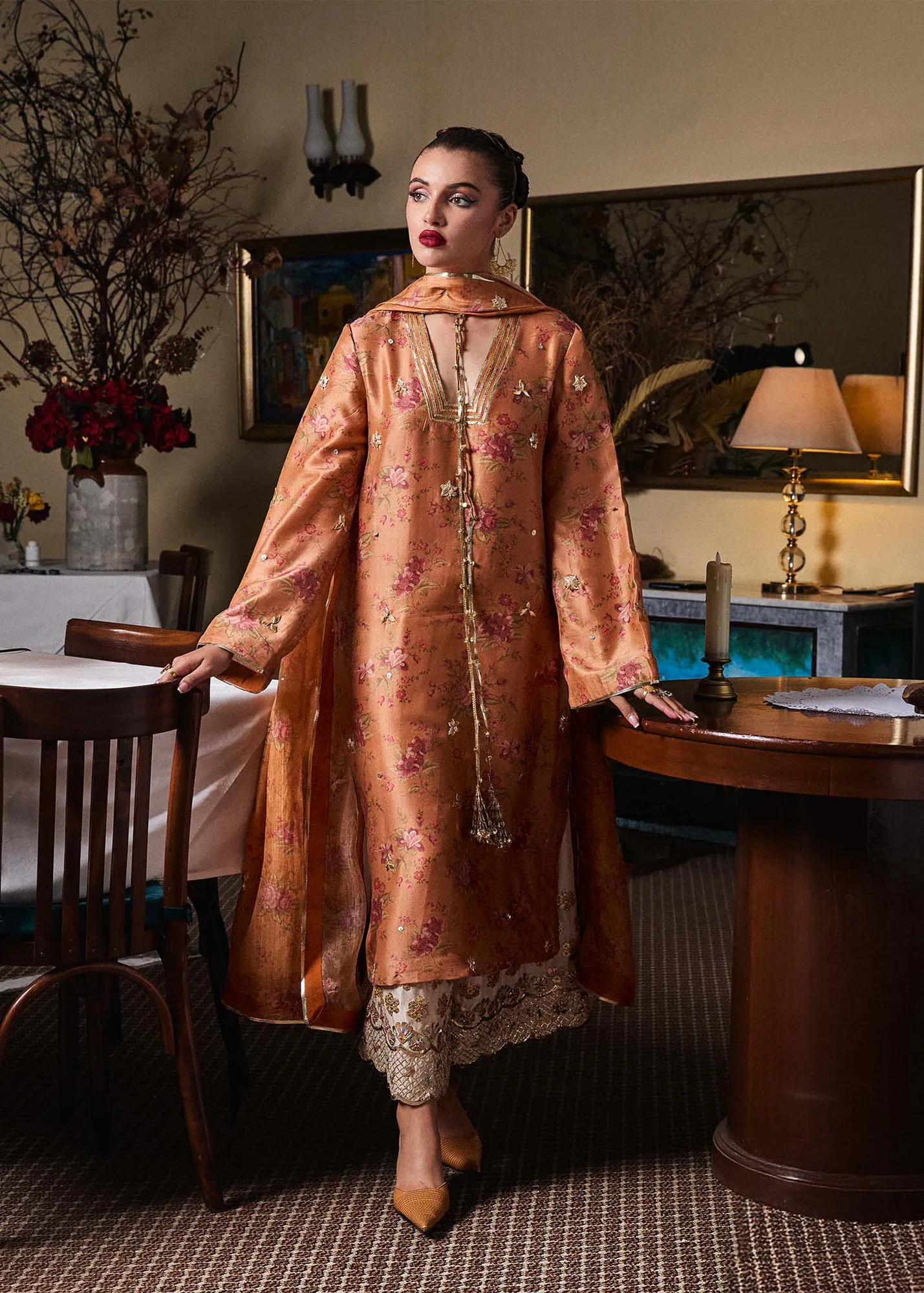 Hussain Rehar SS Luxury Pret 25 Rust Brown Raw Silk – view 2 – Poshaq
