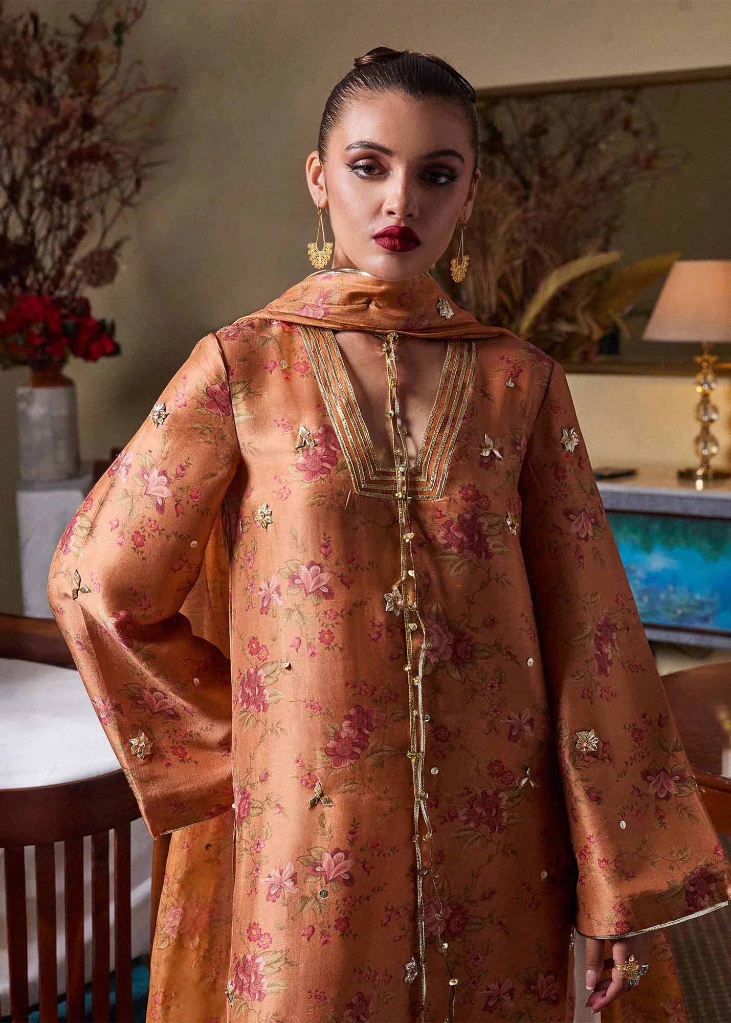 Hussain Rehar SS Luxury Pret 25 Rust Brown Raw Silk – view 3 – Poshaq