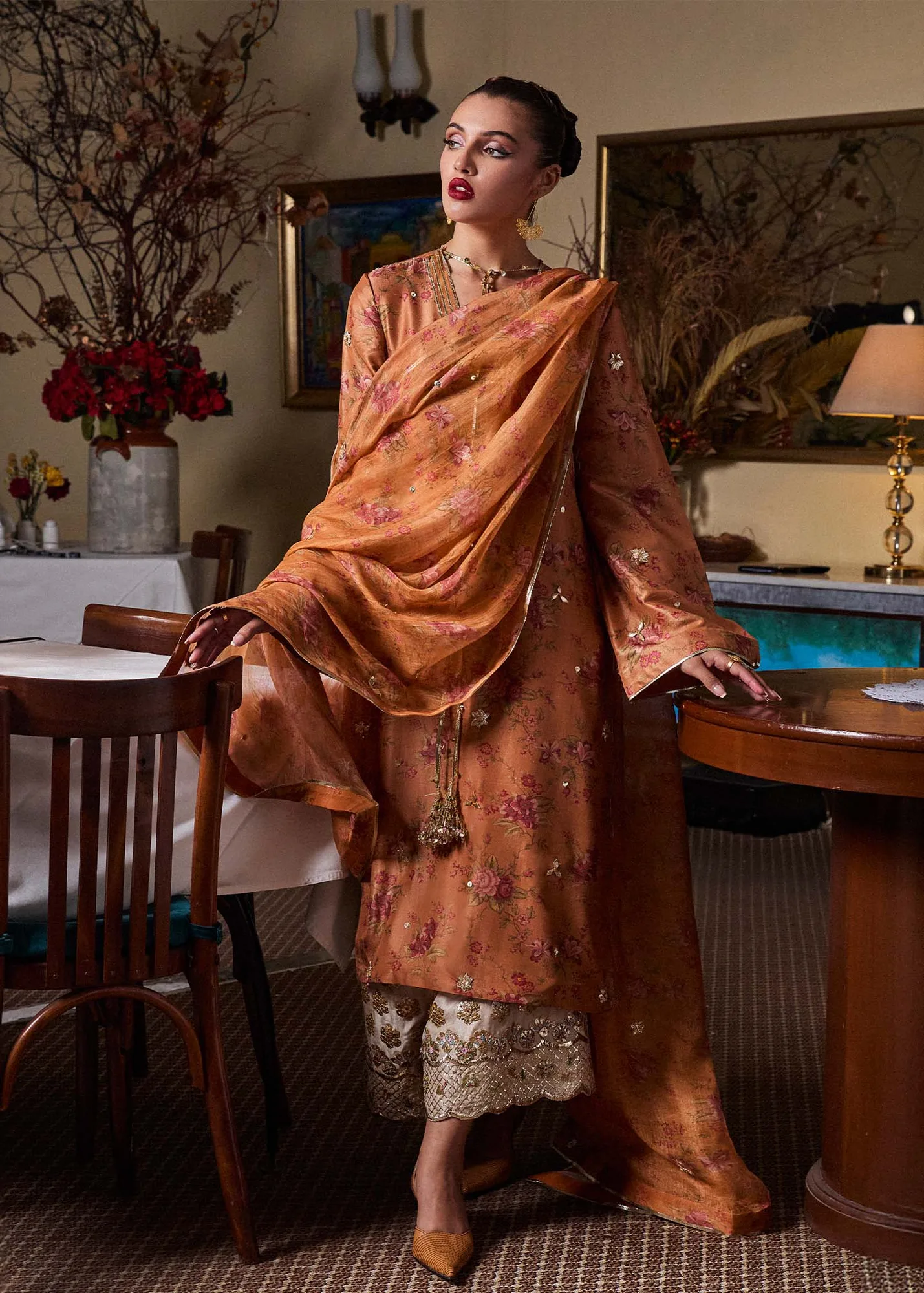 Hussain Rehar SS Luxury Pret 25 Rust Brown Raw Silk – view 4 – Poshaq