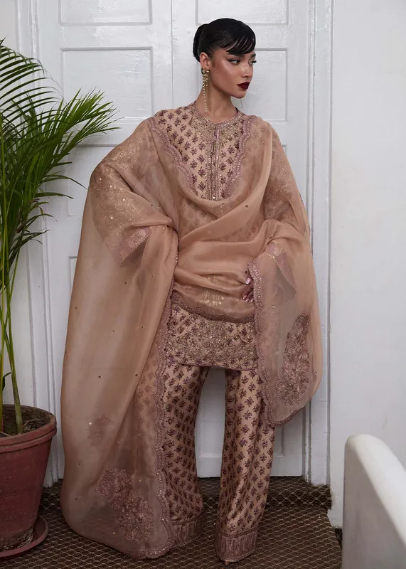 Hussain Rehar SS Luxury Pret 25 Beige Raw Silk – view 1 – Poshaq