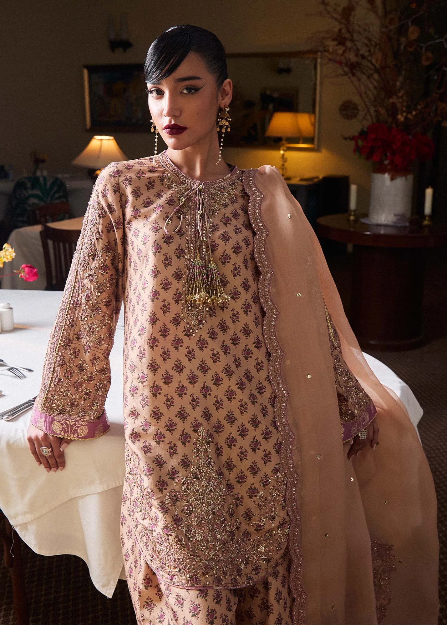 Hussain Rehar SS Luxury Pret 25 Beige Raw Silk – view 3 – Poshaq