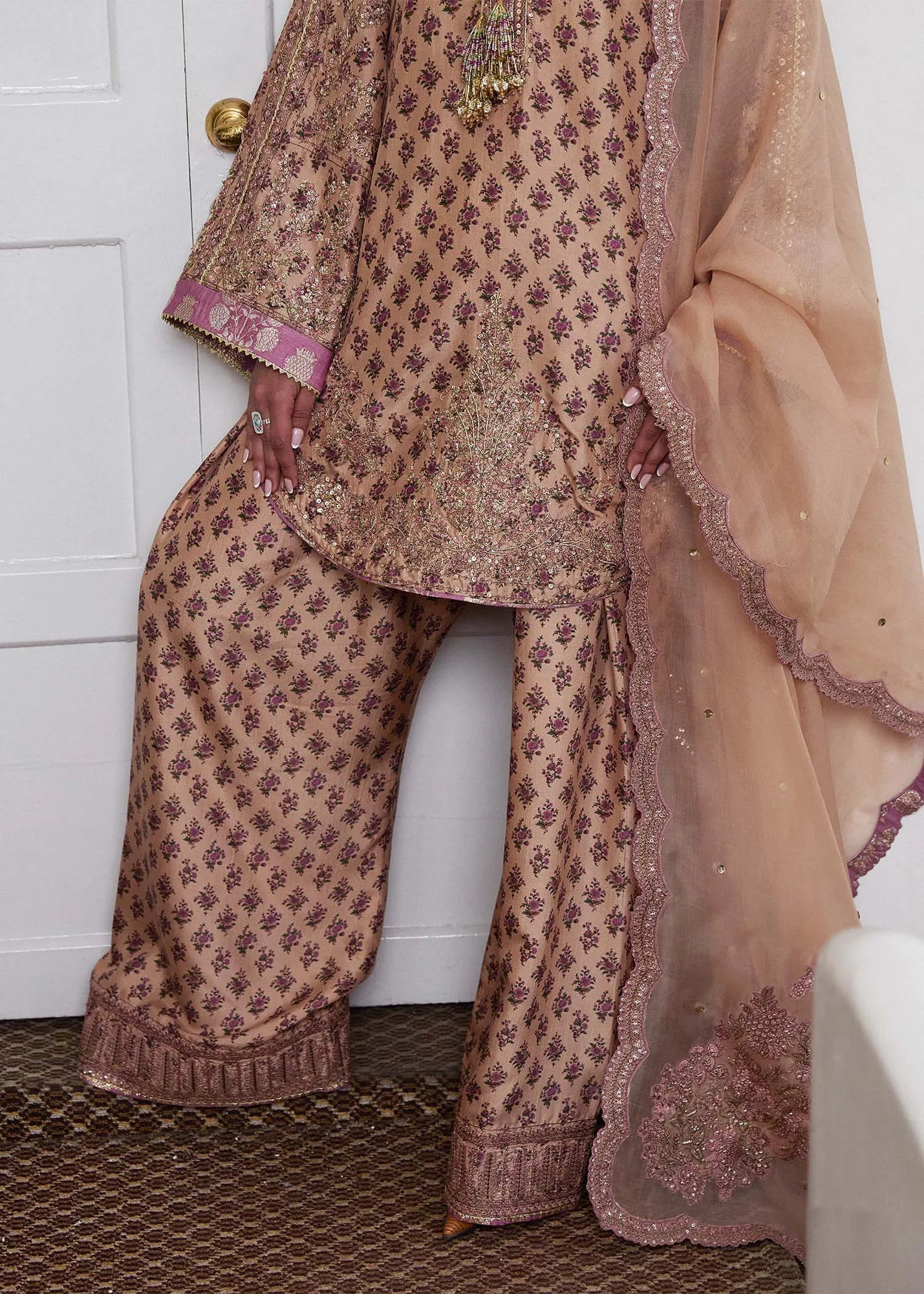 Hussain Rehar SS Luxury Pret 25 Beige Raw Silk – view 4 – Poshaq