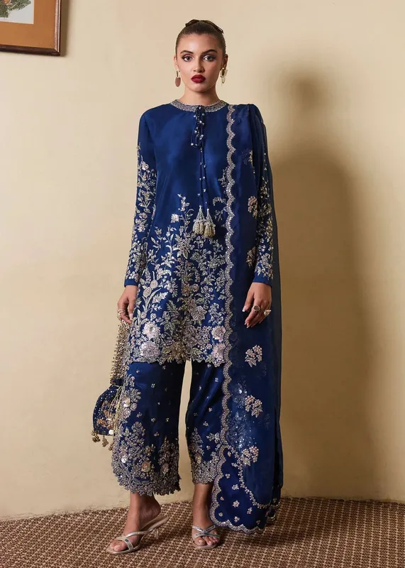 Hussain Rehar SS Luxury Pret 25 Navy Blue Raw Silk – view 1 – Poshaq