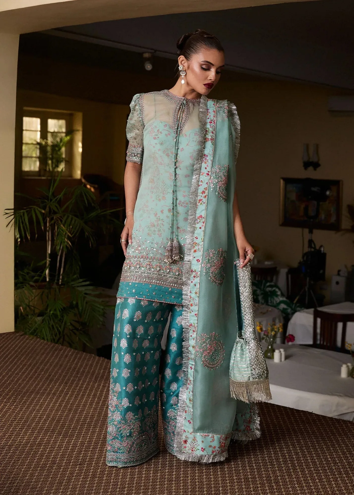 Hussain Rehar SS Luxury Pret 25 Ice Blue Raw Silk – view 1 – Poshaq