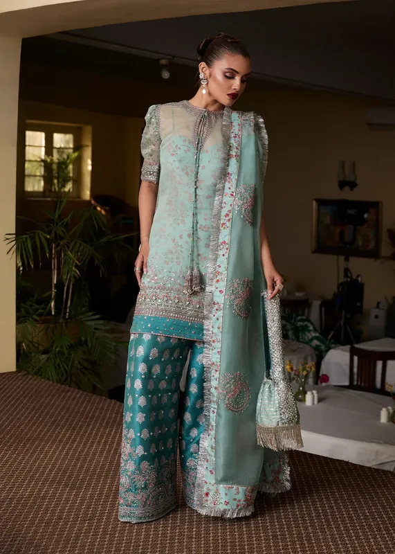 Hussain Rehar SS Luxury Pret 25 Ice Blue Raw Silk – view 1 – Poshaq