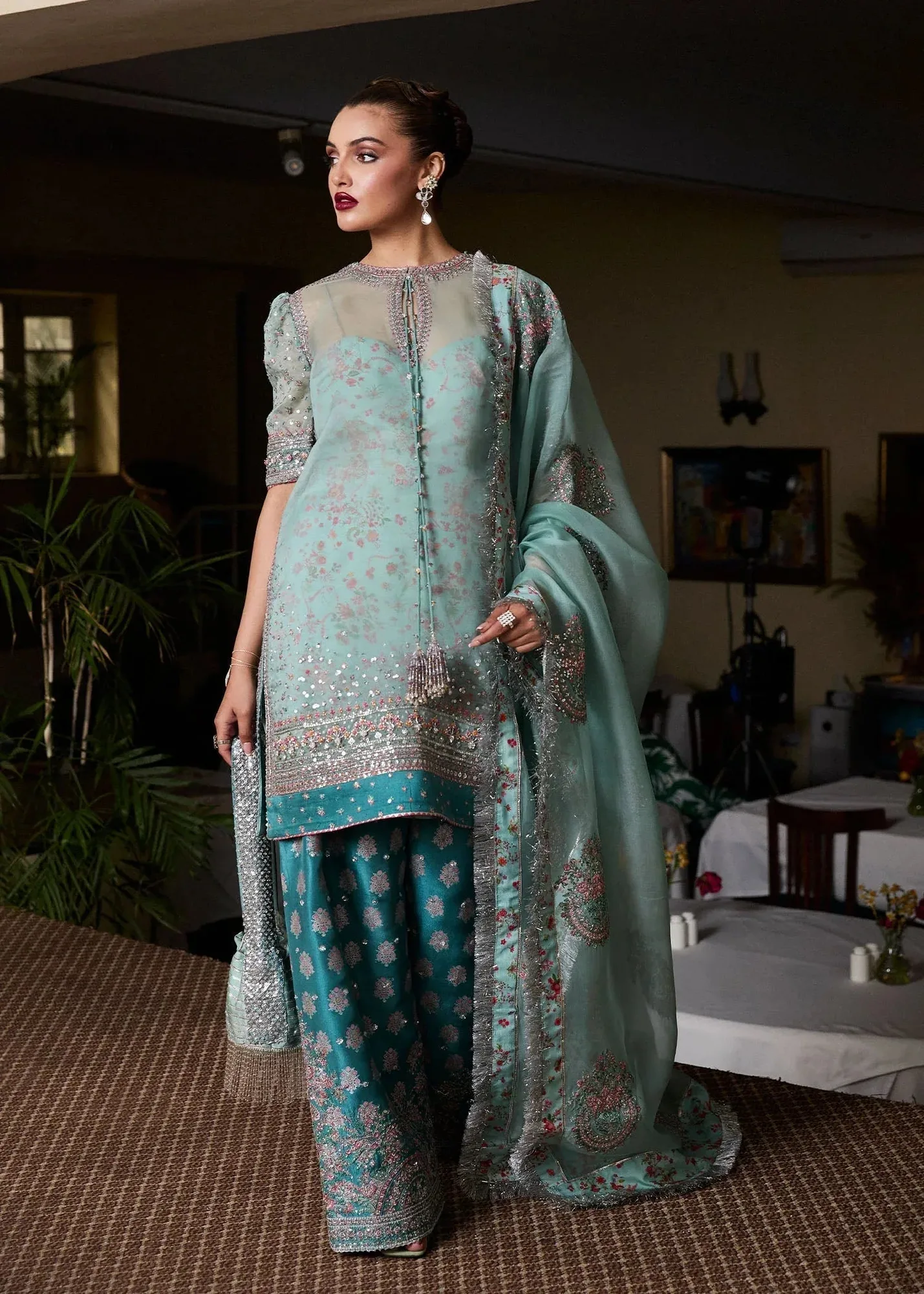 Hussain Rehar SS Luxury Pret 25 Ice Blue Raw Silk – view 2 – Poshaq