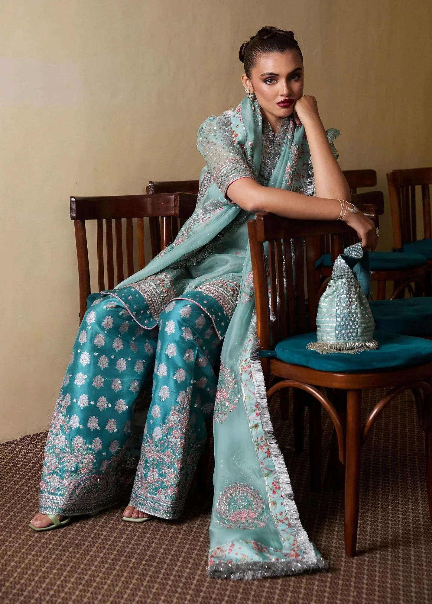 Hussain Rehar SS Luxury Pret 25 Ice Blue Raw Silk – view 4 – Poshaq