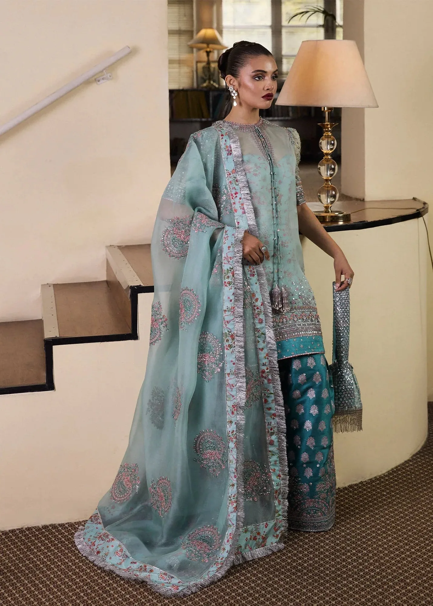 Hussain Rehar SS Luxury Pret 25 Ice Blue Raw Silk – view 5 – Poshaq