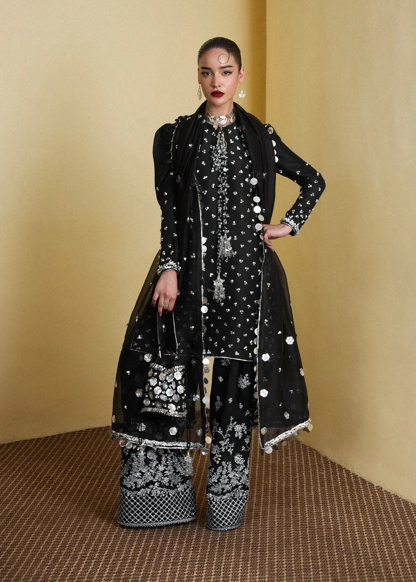 Hussain Rehar SS Luxury Pret 25 Black Raw Silk – view 1 – Poshaq