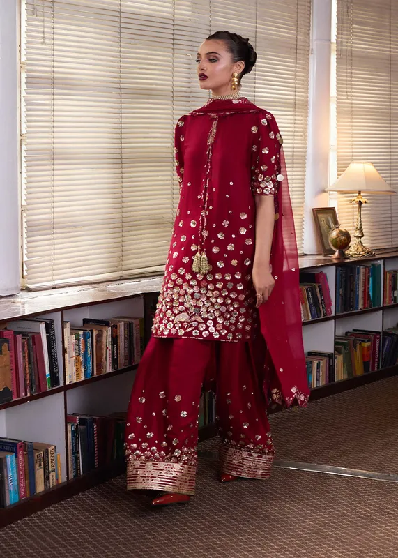 Hussain Rehar SS Luxury Pret 25 Blood Red Raw Silk – view 1 – Poshaq