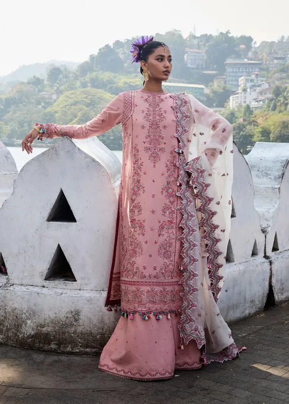 Hussain Rehar Luxury Lawn 25 Rose Pink Organza – view 1 – Poshaq