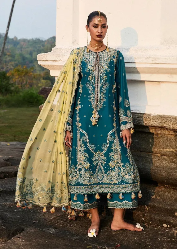 Hussain Rehar Luxury Lawn 25 Teal Blue Chiffon – view 1 – Poshaq