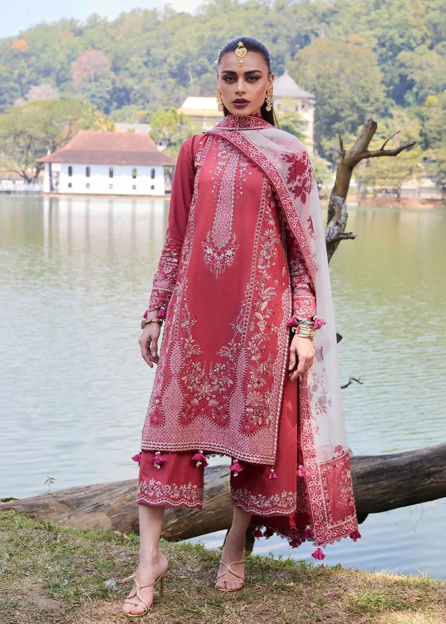 Hussain Rehar Luxury Lawn 25 Coral Organza – view 1 – Poshaq