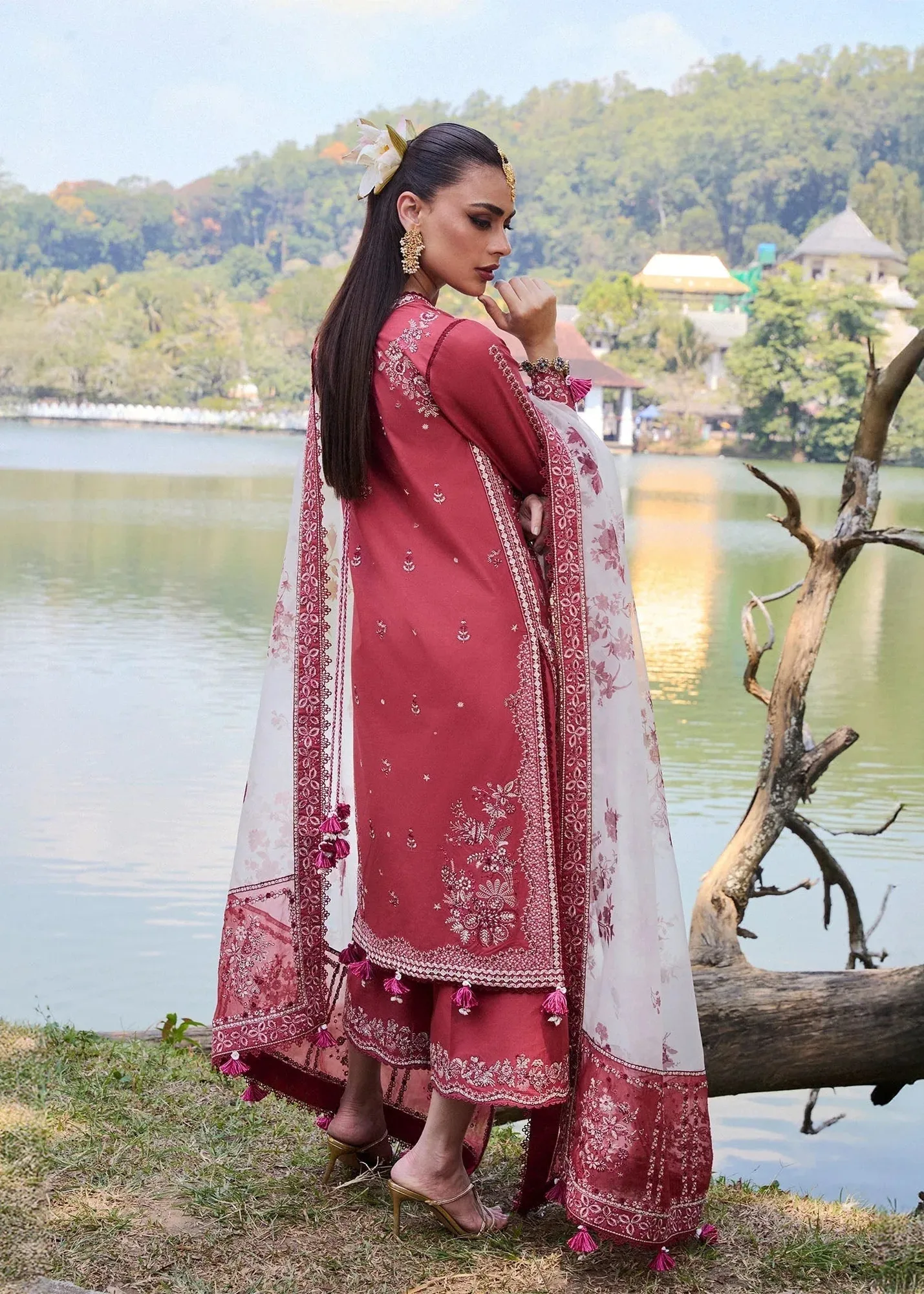 Hussain Rehar Luxury Lawn 25 Coral Organza – view 2 – Poshaq