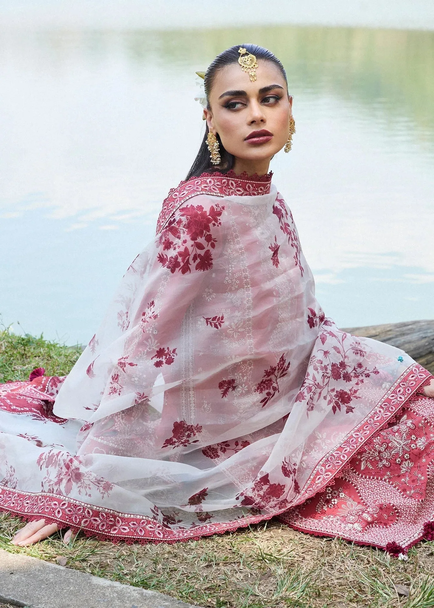 Hussain Rehar Luxury Lawn 25 Coral Organza – view 5 – Poshaq