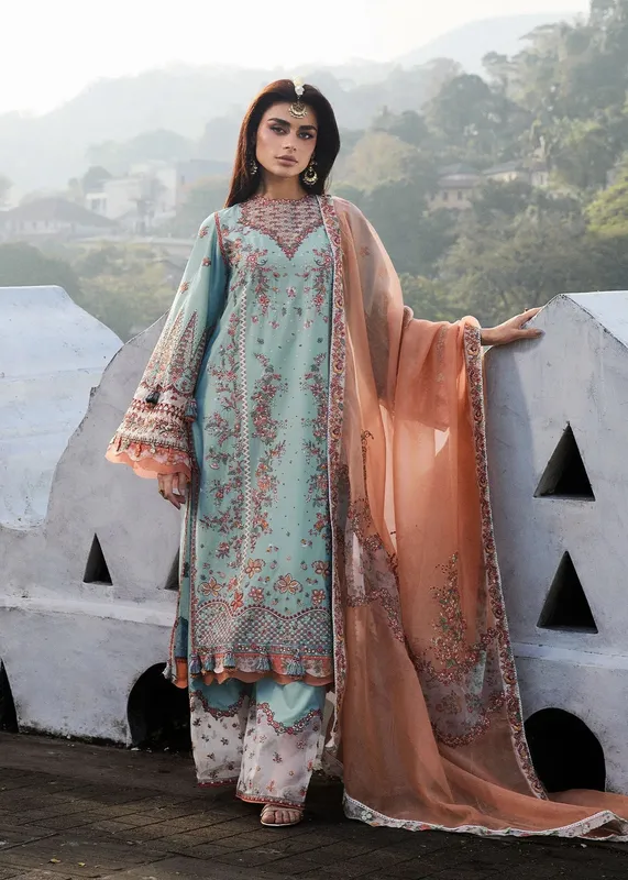 Hussain Rehar Luxury Lawn 25 Turquoise Organza – view 1 – Poshaq