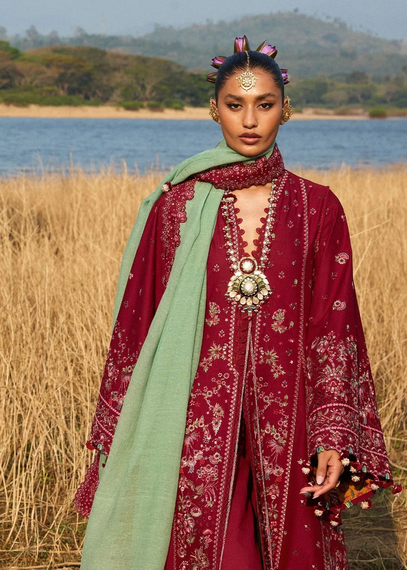 Hussain Rehar Luxury Lawn 25 Maroon Cotton – view 3 – Poshaq