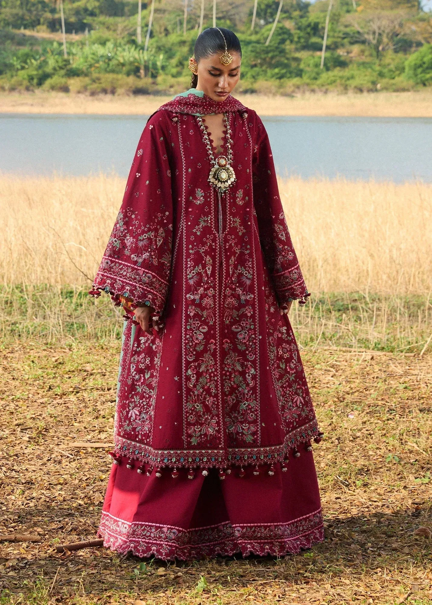 Hussain Rehar Luxury Lawn 25 Maroon Cotton – view 5 – Poshaq