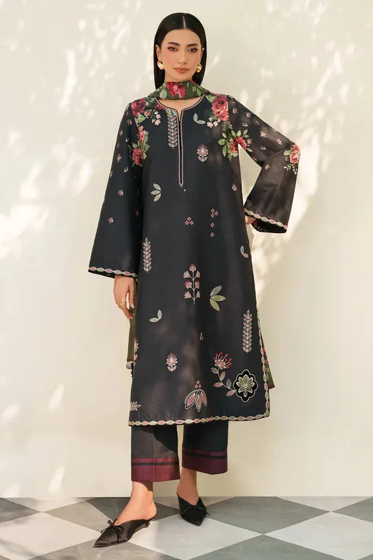 Black viscose shirt with embroidered sleeve borders – view 1 – Poshaq