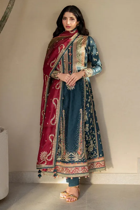 Jazmin Shahkaar Luxury Lawn 25 Teal Blue Jacquard – view 1 – Poshaq