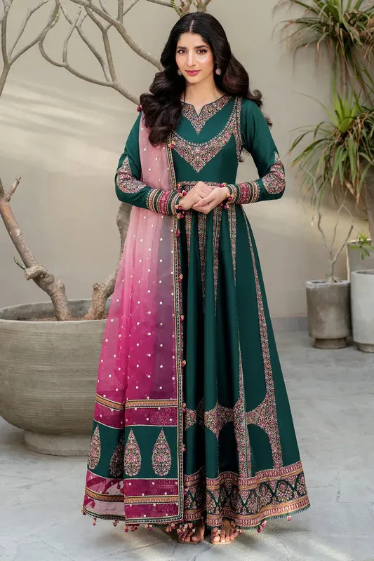Jazmin Shahkaar Luxury Lawn 25 Bottle Green Organza – view 1 – Poshaq