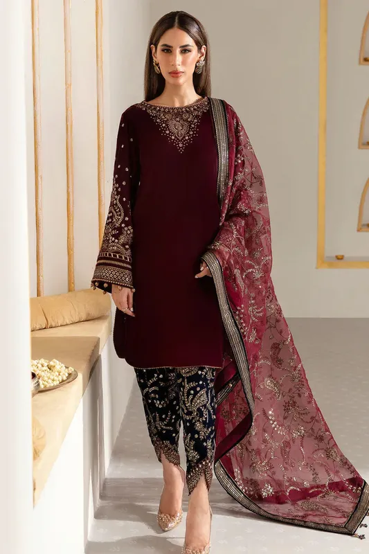 Jazmin Velvet Edit 24 Maroon Organza – view 1 – Poshaq