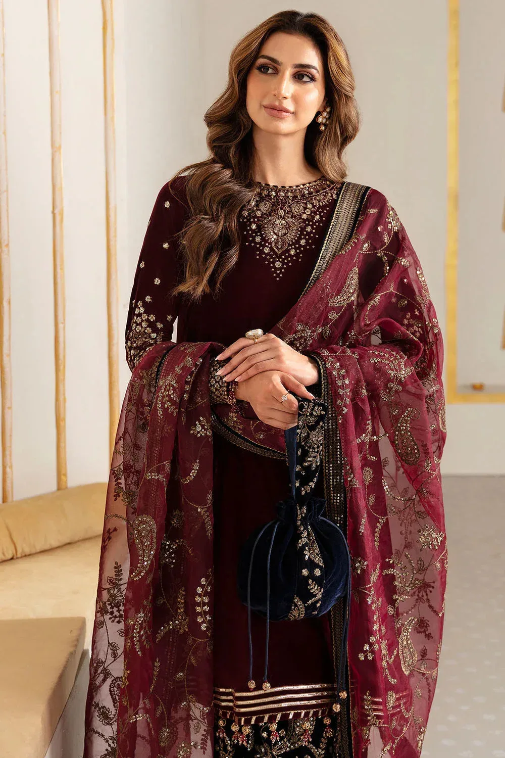Jazmin Velvet Edit 24 Maroon Organza – view 3 – Poshaq