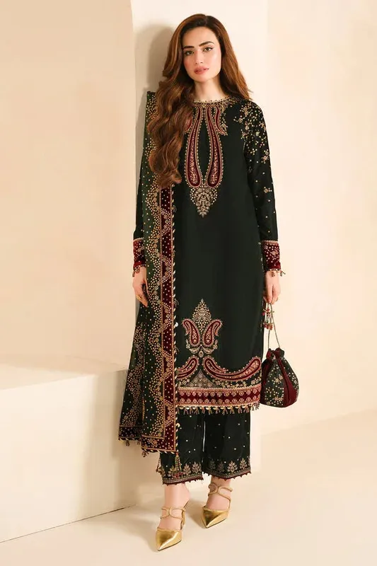Jazmin Velvet Edit 24 Bottle Green Georgette – view 1 – Poshaq