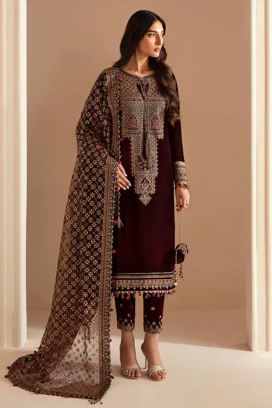 Jazmin Velvet Edit 24 Dark Maroon Organza – view 1 – Poshaq