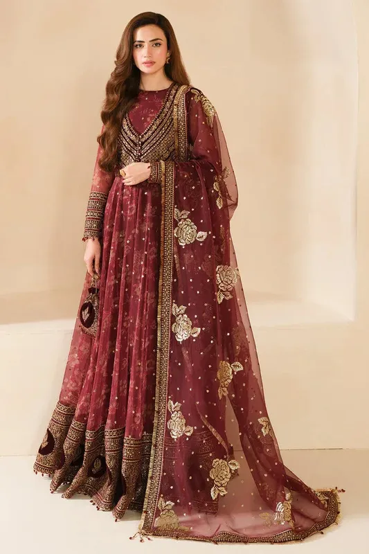 Jazmin Velvet Edit 24 Maroon Organza – view 1 – Poshaq