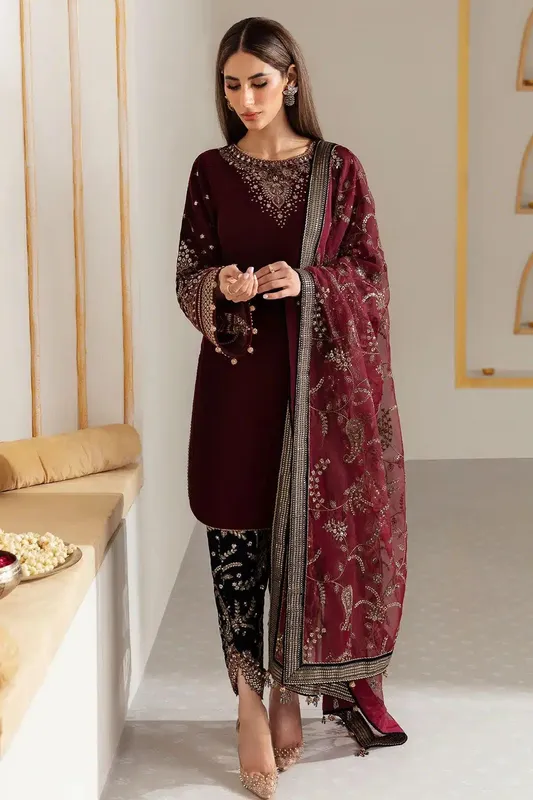 Jazmin Velvet 23 Maroon Organza – view 1 – Poshaq