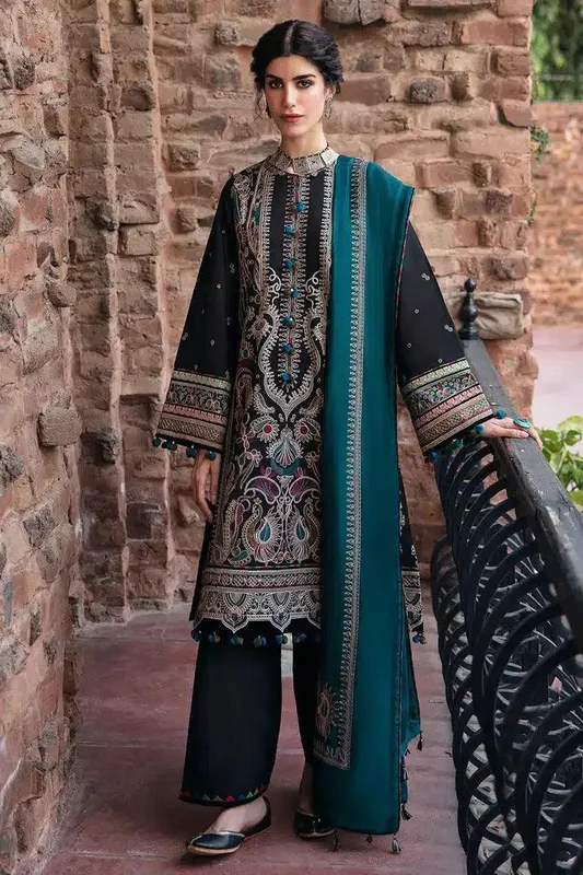 Black Khaddar and Viscose luxury ensemble with embroidered slub detailing – view 1 – Poshaq