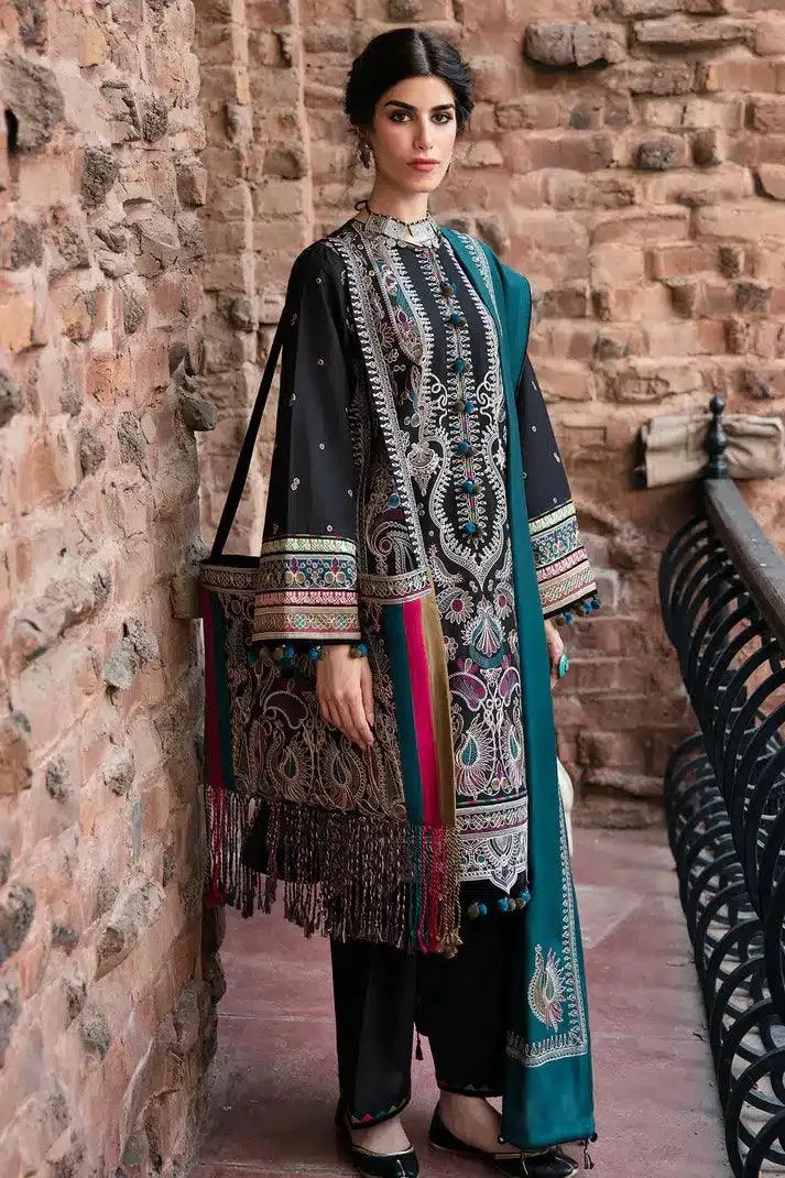 Black Khaddar and Viscose luxury ensemble with embroidered slub detailing – view 2 – Poshaq