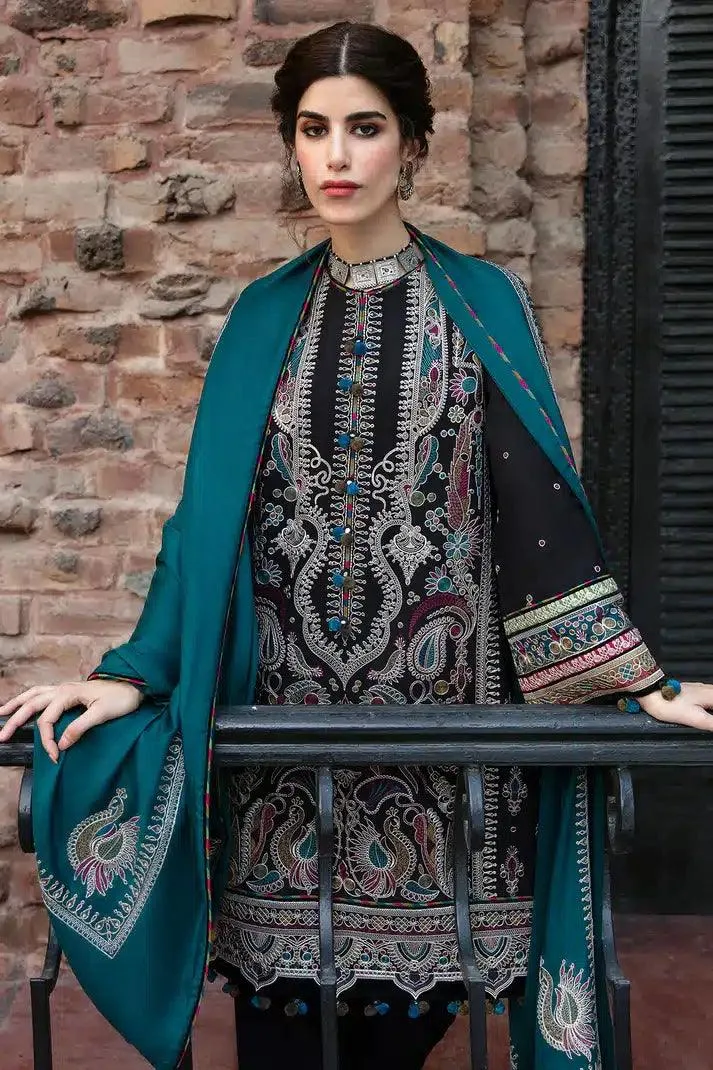 Black Khaddar and Viscose luxury ensemble with embroidered slub detailing – view 4 – Poshaq