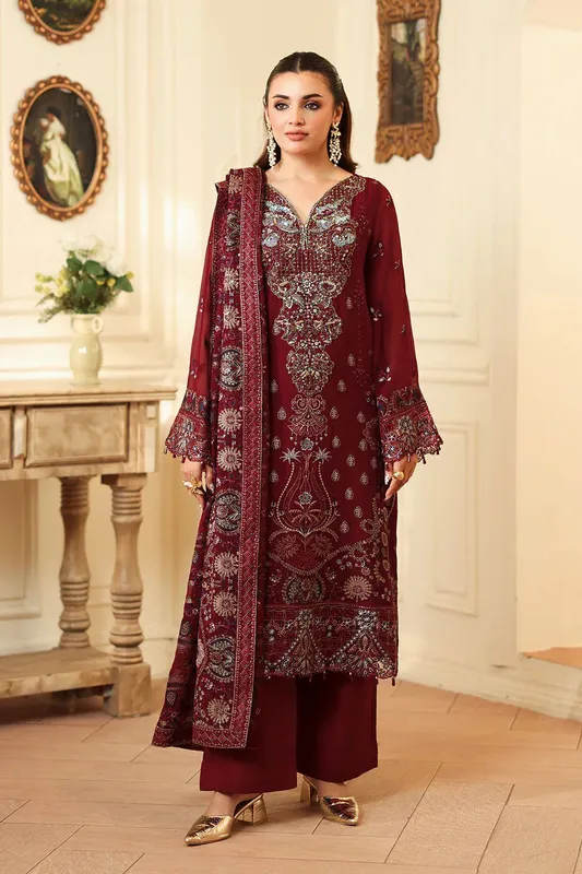Ramsha Dastaan Formals Maroon Raw Silk – view 1 – Poshaq
