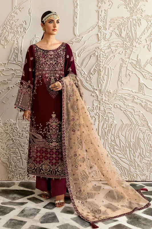 Ramsha Velvet Collection Maroon Raw Silk – view 1 – Poshaq