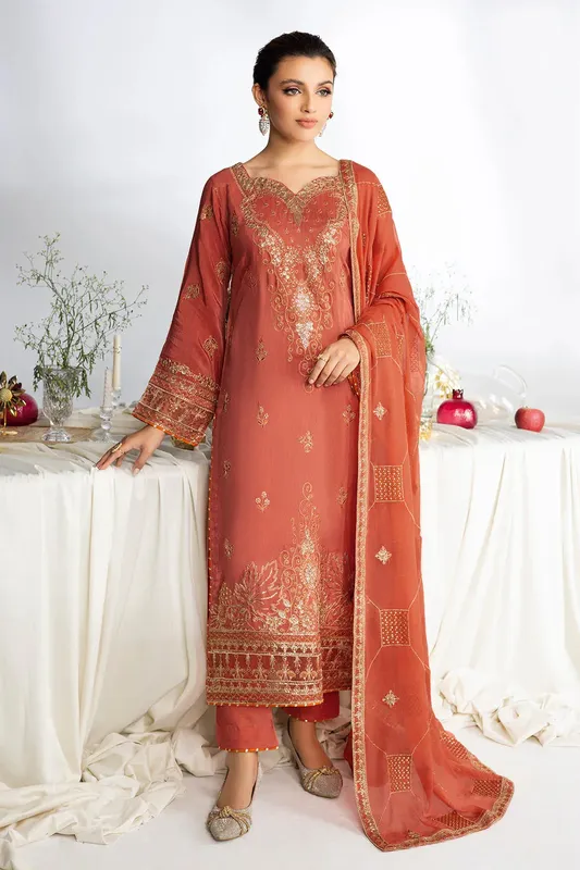 Ramsha Aangan Luxury Raw silk Dull Orange Raw Silk – view 1 – Poshaq
