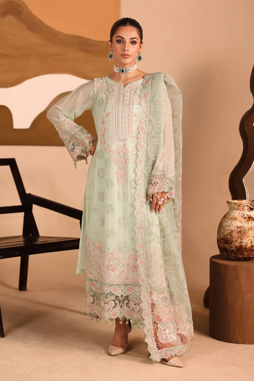 Ramsha Kashish Collection Pastel Mint Raw Silk – view 1 – Poshaq