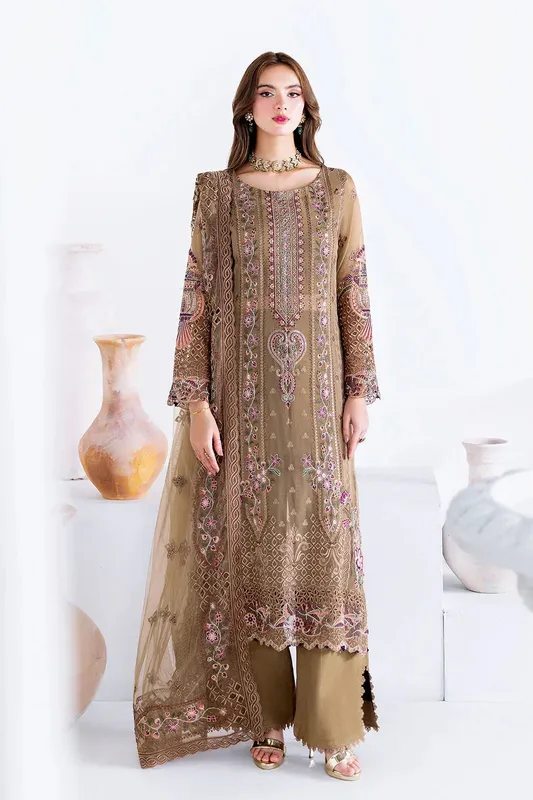 Ramsha Arzoo Chiffon Light Brown Raw Silk – view 1 – Poshaq